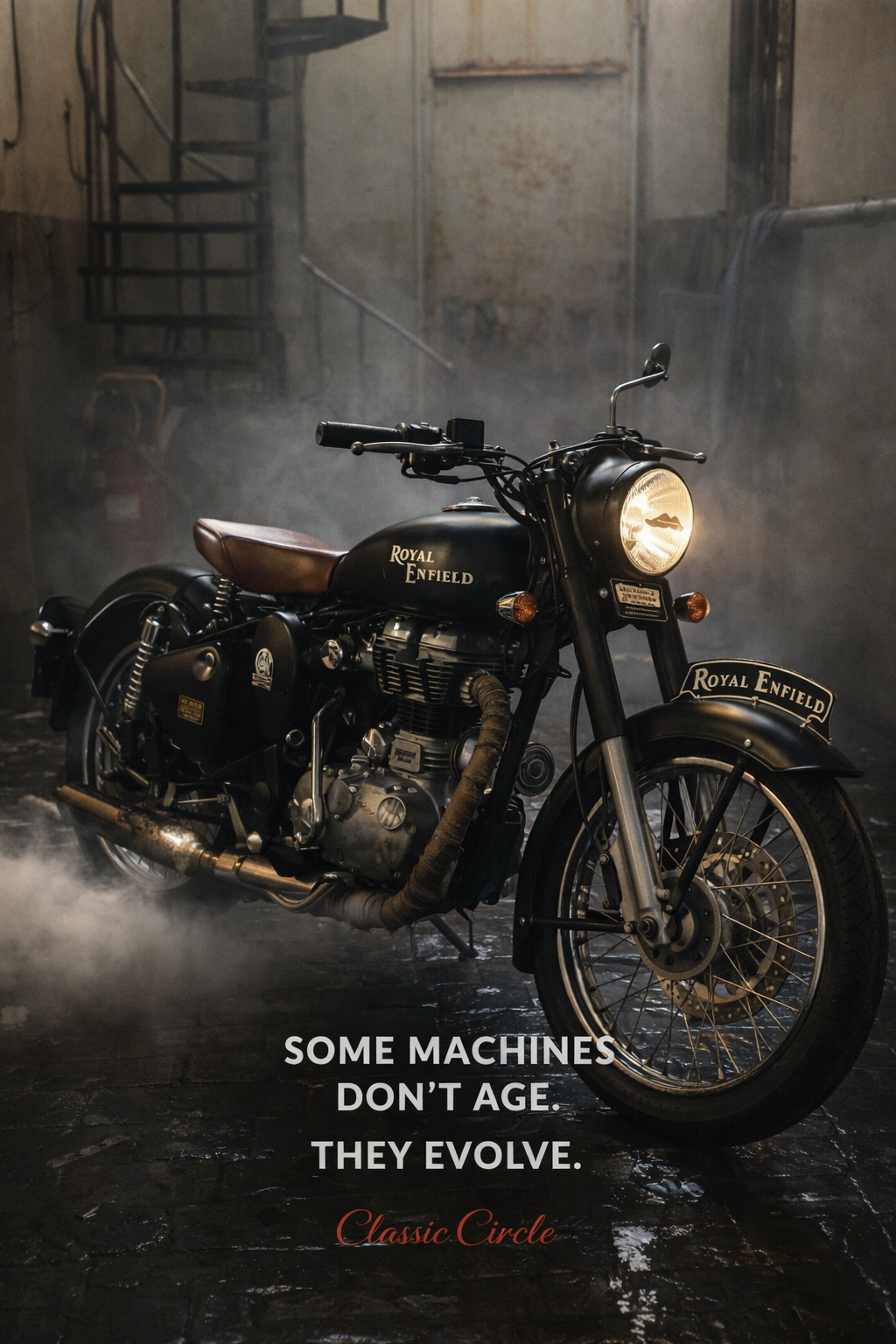 Royal Enfield in a smoke-lit studio